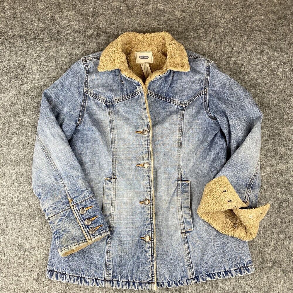 Vtg Y2K Old Navy Jacket Women Small Blue Denim Cotton Sherpa Lined Cowboy Yokes